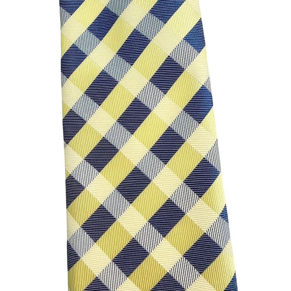 Men’s 100% Silk Tie Yellow Navy Blue Plaid Check Hand Made Classic Necktie - Picture 2 of 5